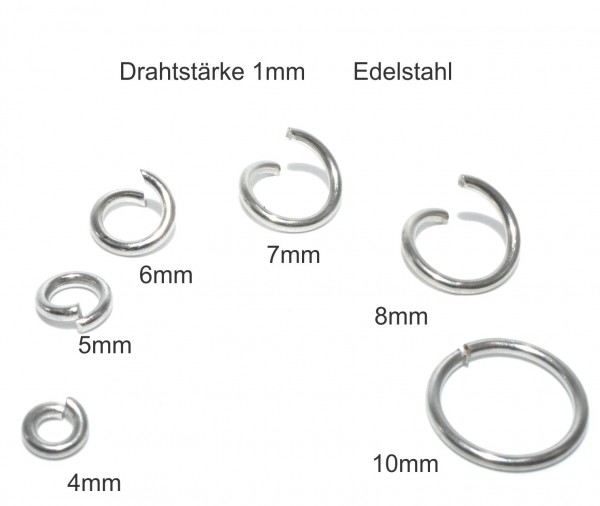 20x stabile Ösen, 1mm dick Edelstahl Ringe, Binderinge für Schmuck, 4-8mm ( K/5-D5+C7+8