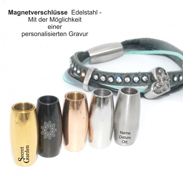 Olive Magnet Verschluss edelstahl 6mm innen 5 Variatione mit Gravuroption, Z-V-8074 von diy-Pferdehaarschmuck.de